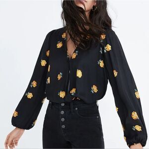 Madewell Bubble Sleeve Wrap Top Blouse in Floating Florets Black Womens Small
